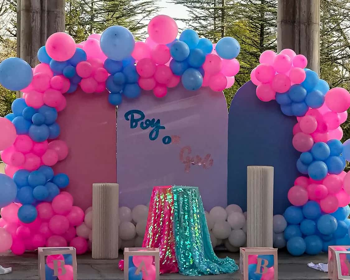 A pink and blue balloon arch around a “Boy or Girl” backdrop